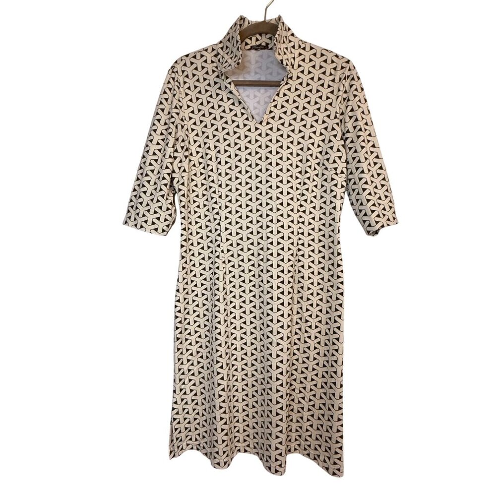 J. McLaughlin Catalina Cloth 3/4 Sleeve Shift Dress Brown/Cream Geometric Size M